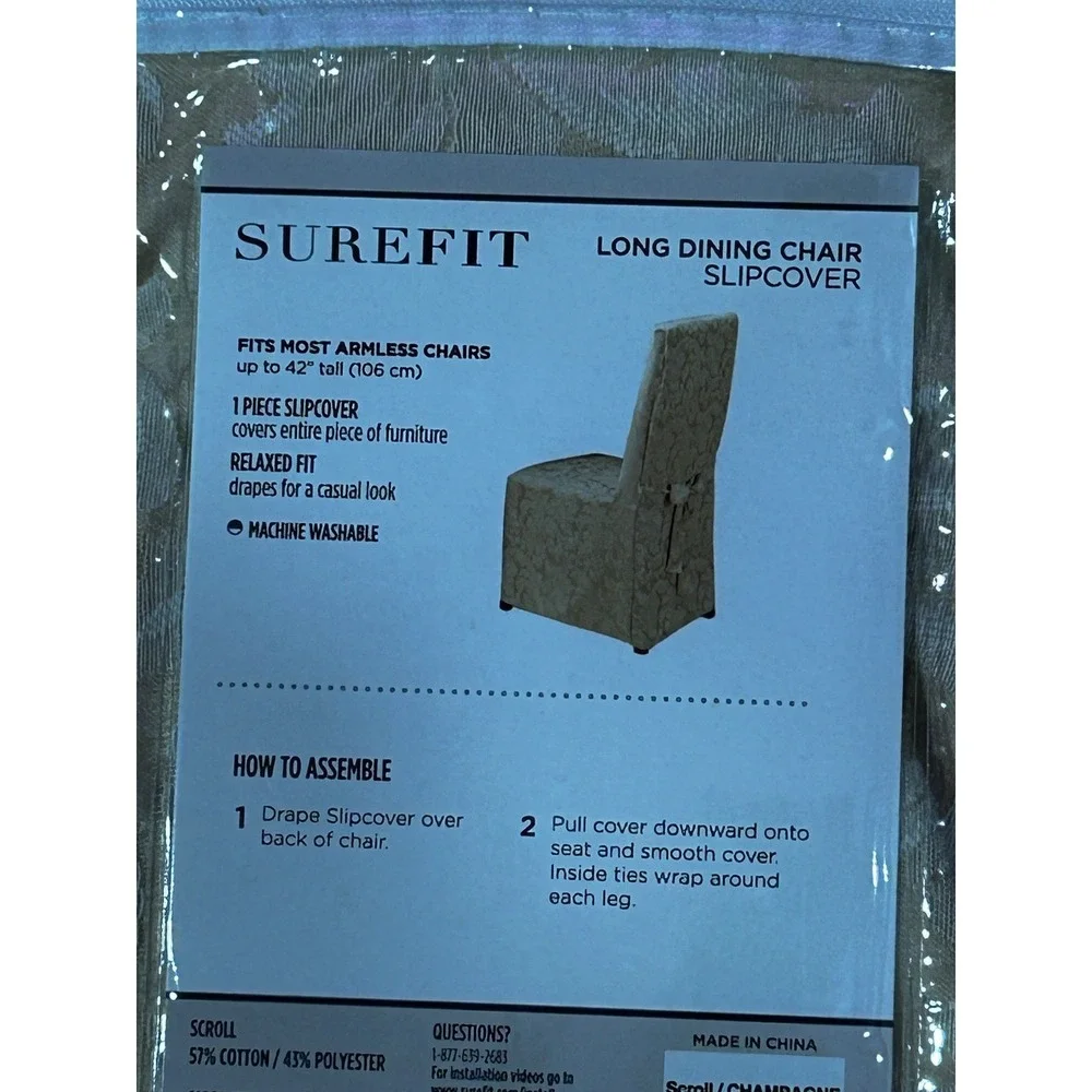 SureFit Long Dining Chair Slipcover Scroll Champagne Relaxed Fit 1 Piece New